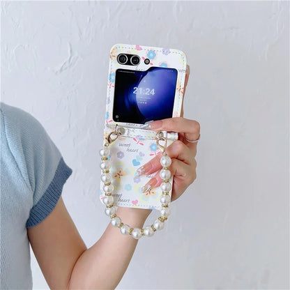 For Samsung Galaxy Z Flip5 5G Cell Phone Case Flower / Butterfly Pattern PU+PC Cover with Pearl Chain