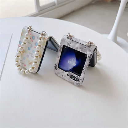 For Samsung Galaxy Z Flip5 5G Cell Phone Case Flower / Butterfly Pattern PU+PC Cover with Pearl Chain