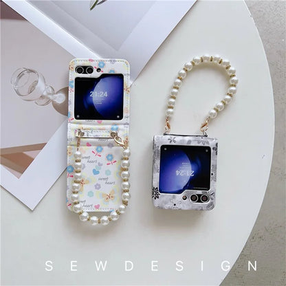 For Samsung Galaxy Z Flip5 5G Cell Phone Case Flower / Butterfly Pattern PU+PC Cover with Pearl Chain