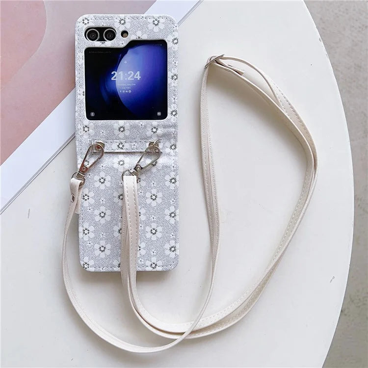 For Samsung Galaxy Z Flip5 5G Case Flower Pattern Leather+PC Folding Phone Cover with Crossbody Strap