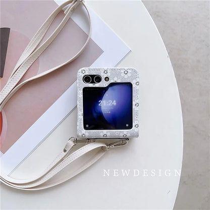 For Samsung Galaxy Z Flip5 5G Case Flower Pattern Leather+PC Folding Phone Cover with Crossbody Strap