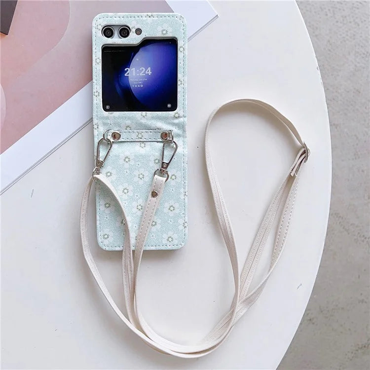For Samsung Galaxy Z Flip5 5G Case Flower Pattern Leather+PC Folding Phone Cover with Crossbody Strap