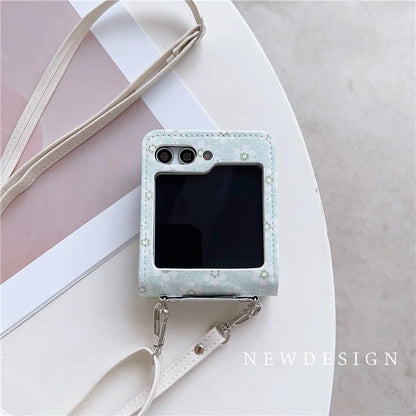 For Samsung Galaxy Z Flip5 5G Case Flower Pattern Leather+PC Folding Phone Cover with Crossbody Strap
