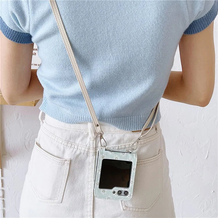For Samsung Galaxy Z Flip5 5G Case Flower Pattern Leather+PC Folding Phone Cover with Crossbody Strap