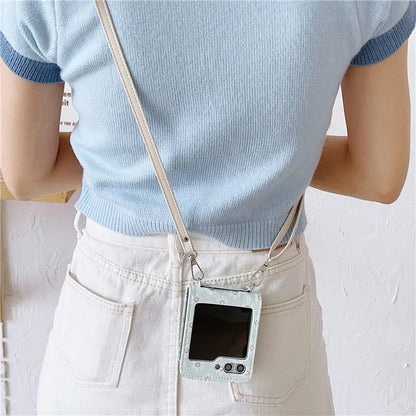 For Samsung Galaxy Z Flip5 5G Case Flower Pattern Leather+PC Folding Phone Cover with Crossbody Strap