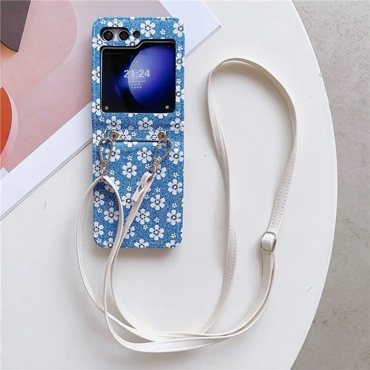 For Samsung Galaxy Z Flip5 5G Case Flower Pattern Leather+PC Folding Phone Cover with Crossbody Strap