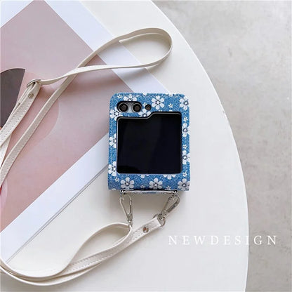 For Samsung Galaxy Z Flip5 5G Case Flower Pattern Leather+PC Folding Phone Cover with Crossbody Strap