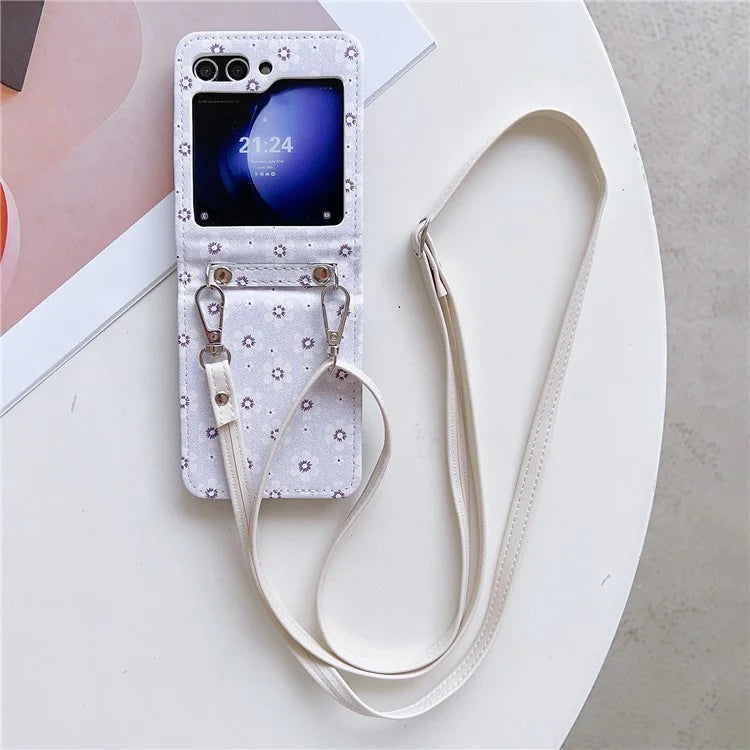 For Samsung Galaxy Z Flip5 5G Case Flower Pattern Leather+PC Folding Phone Cover with Crossbody Strap