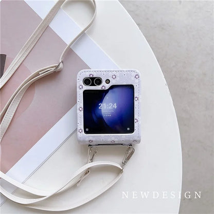 For Samsung Galaxy Z Flip5 5G Case Flower Pattern Leather+PC Folding Phone Cover with Crossbody Strap