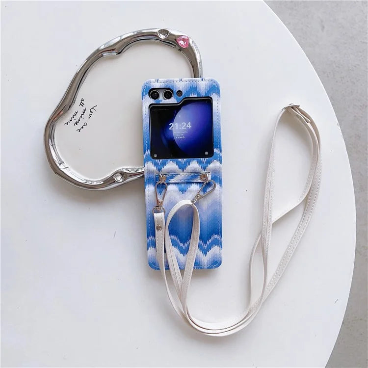 For Samsung Galaxy Z Flip5 5G Case Wavy Edge Design PU Leather+PC Cell Phone Back Cover with Long Strap
