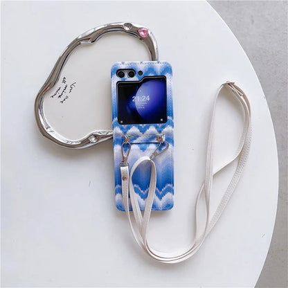 For Samsung Galaxy Z Flip5 5G Case Wavy Edge Design PU Leather+PC Cell Phone Back Cover with Long Strap