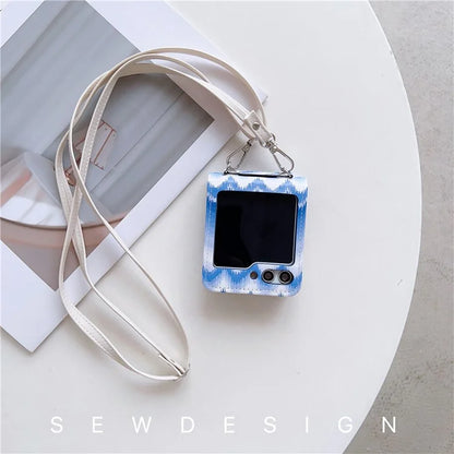 For Samsung Galaxy Z Flip5 5G Case Wavy Edge Design PU Leather+PC Cell Phone Back Cover with Long Strap
