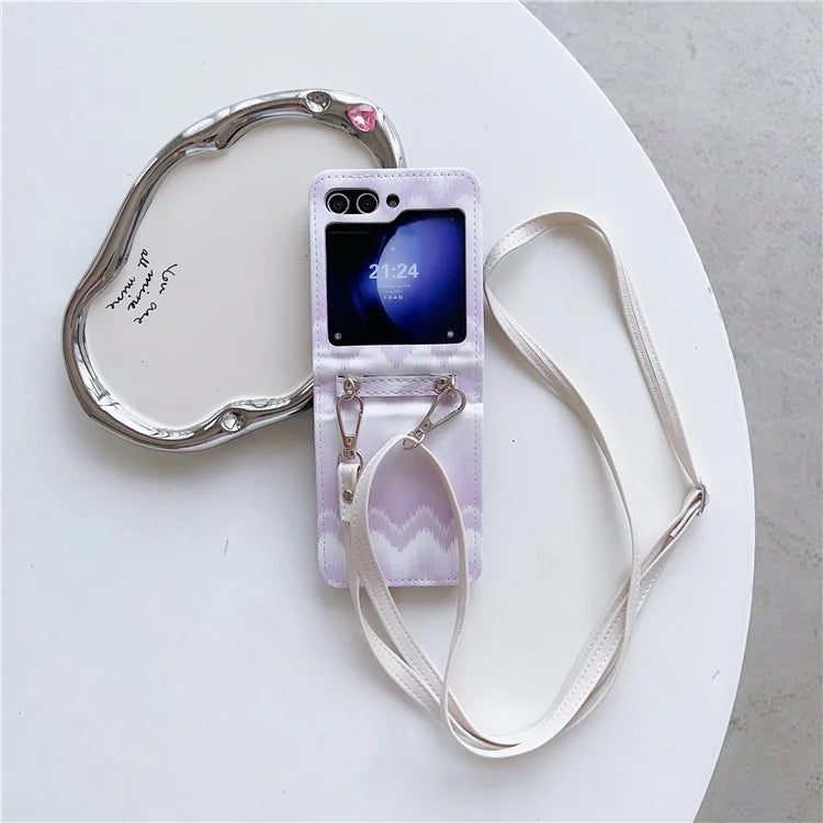 For Samsung Galaxy Z Flip5 5G Case Wavy Edge Design PU Leather+PC Cell Phone Back Cover with Long Strap