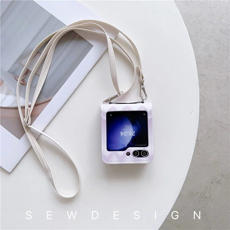 For Samsung Galaxy Z Flip5 5G Case Wavy Edge Design PU Leather+PC Cell Phone Back Cover with Long Strap
