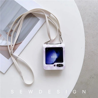 For Samsung Galaxy Z Flip5 5G Case Wavy Edge Design PU Leather+PC Cell Phone Back Cover with Long Strap