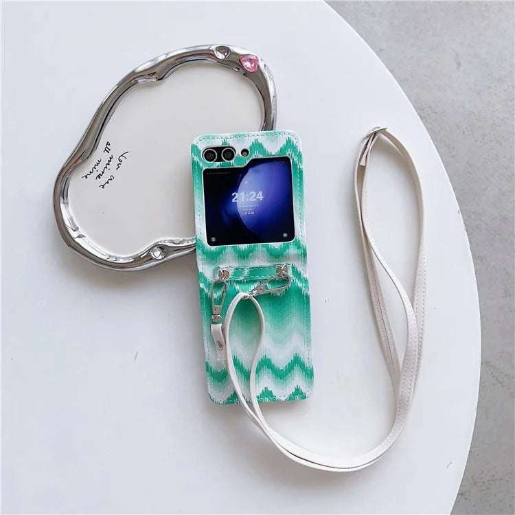 For Samsung Galaxy Z Flip5 5G Case Wavy Edge Design PU Leather+PC Cell Phone Back Cover with Long Strap