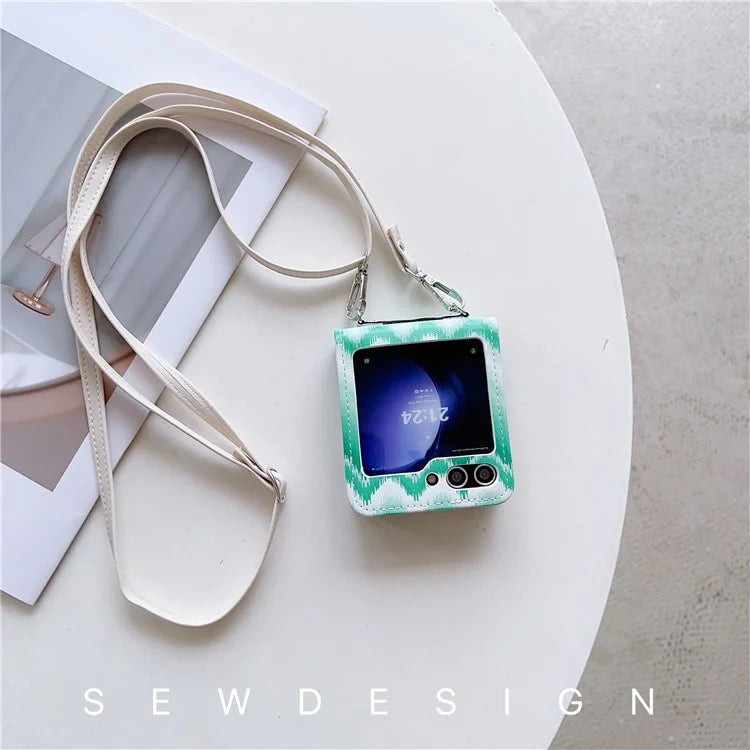 For Samsung Galaxy Z Flip5 5G Case Wavy Edge Design PU Leather+PC Cell Phone Back Cover with Long Strap