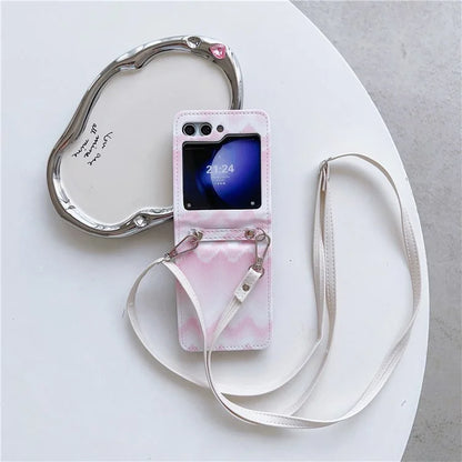 For Samsung Galaxy Z Flip5 5G Case Wavy Edge Design PU Leather+PC Cell Phone Back Cover with Long Strap