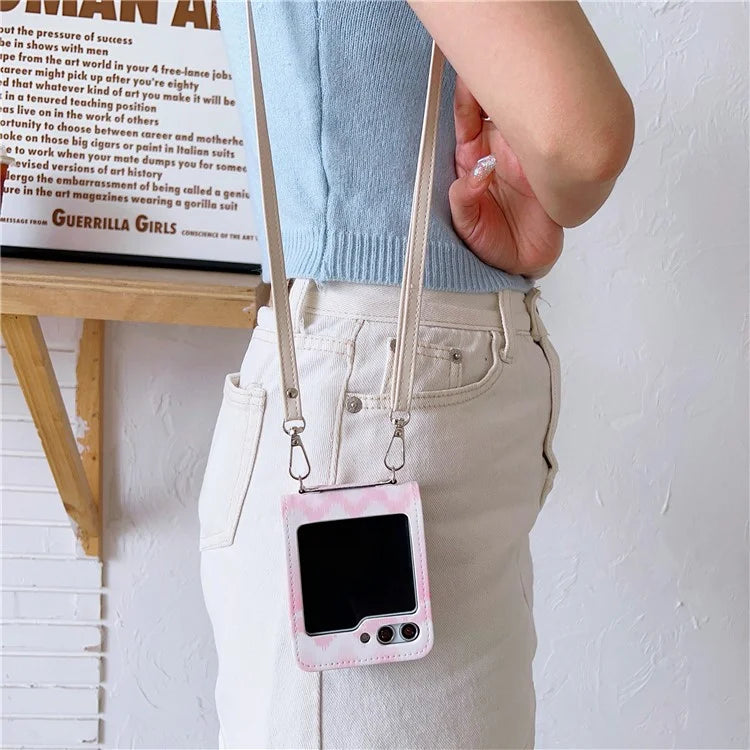 For Samsung Galaxy Z Flip5 5G Case Wavy Edge Design PU Leather+PC Cell Phone Back Cover with Long Strap