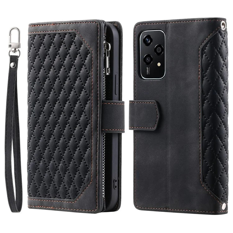 Style 005 For Honor 200 Lite Case Zipper Wallet Grid Leather Phone Cover