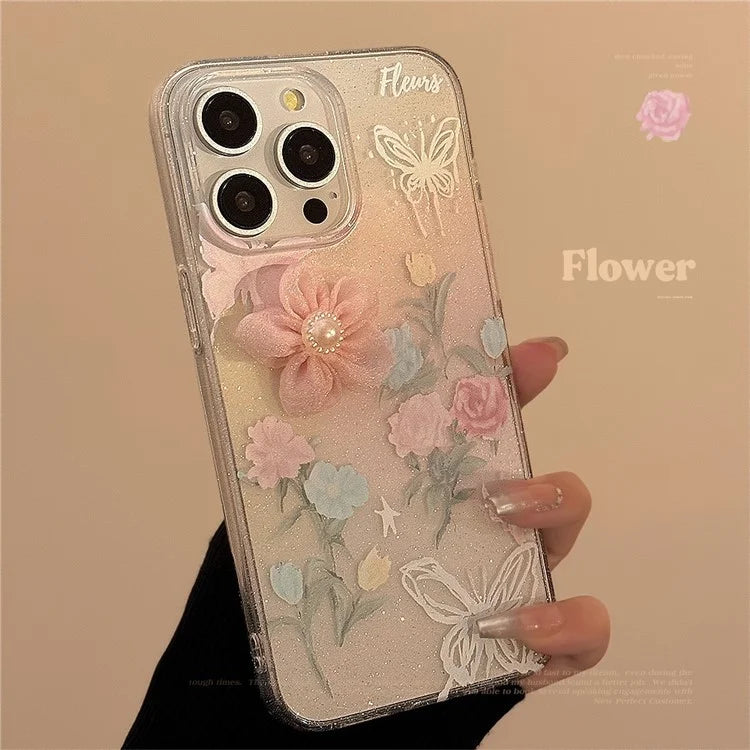 For iPhone 15 Pro Max Case 3D Flower Decor Glitter Design Soft TPU Phone Cover