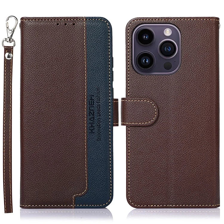 KHAZNEH For iPhone 16 Pro Case RFID Blocking Leather Litchi Texture Phone Cover