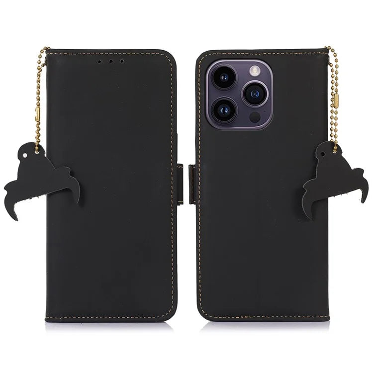 For iPhone 16 Pro Max Case RFID Blocking Genuine Cow Leather Wallet Phone Shell