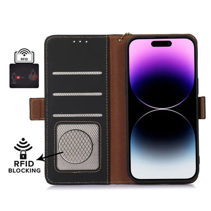For iPhone 16 Pro Max Case RFID Blocking Genuine Cow Leather Wallet Phone Shell