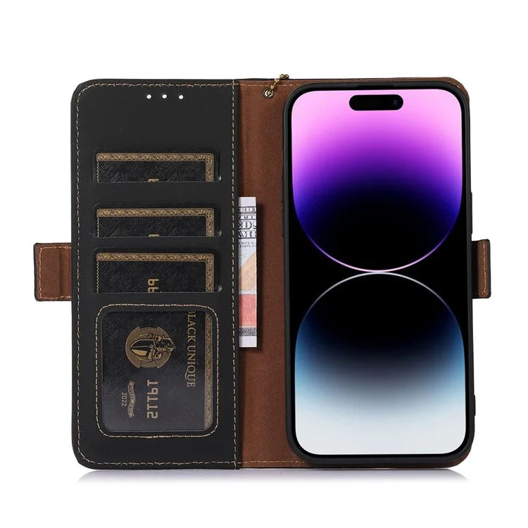 For iPhone 16 Pro Max Case RFID Blocking Genuine Cow Leather Wallet Phone Shell
