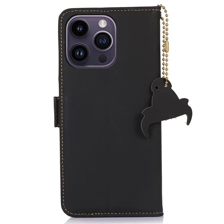 For iPhone 16 Pro Max Case RFID Blocking Genuine Cow Leather Wallet Phone Shell