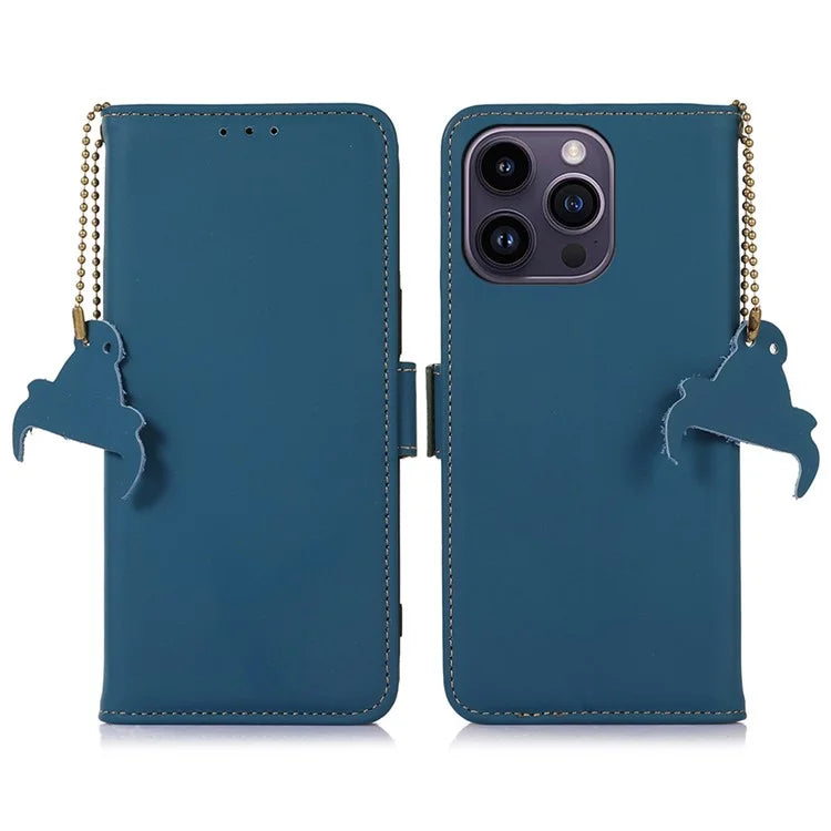 For iPhone 16 Pro Max Case RFID Blocking Genuine Cow Leather Wallet Phone Shell