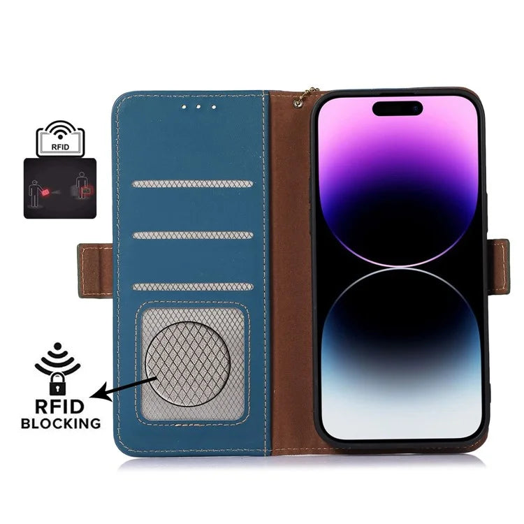 For iPhone 16 Pro Max Case RFID Blocking Genuine Cow Leather Wallet Phone Shell