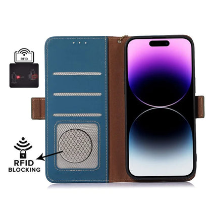 For iPhone 16 Pro Max Case RFID Blocking Genuine Cow Leather Wallet Phone Shell