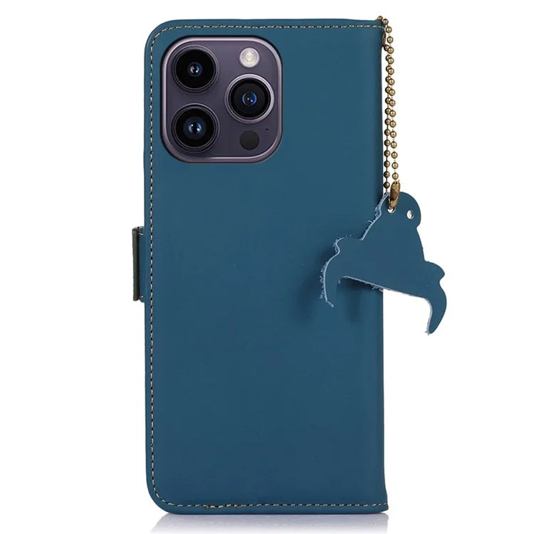 For iPhone 16 Pro Max Case RFID Blocking Genuine Cow Leather Wallet Phone Shell