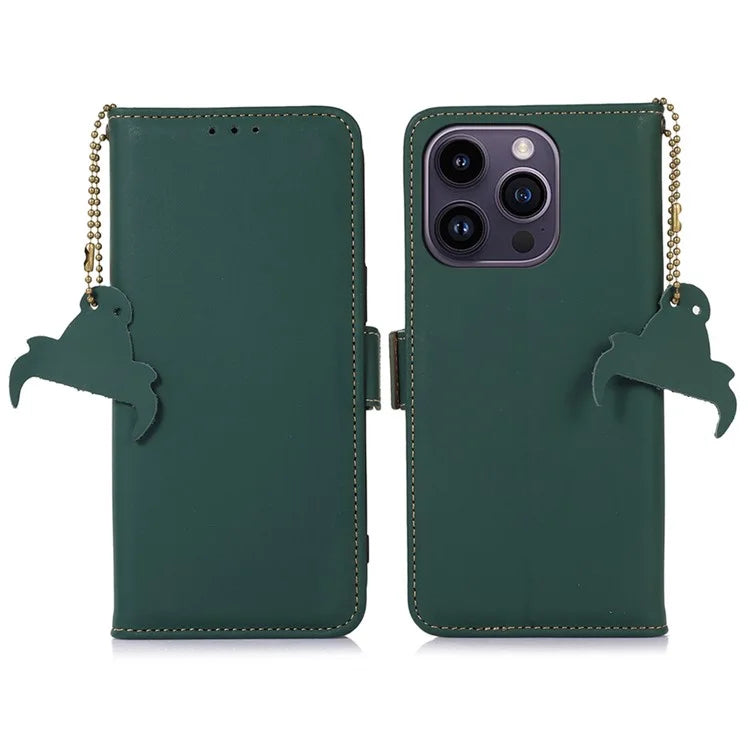 For iPhone 16 Pro Max Case RFID Blocking Genuine Cow Leather Wallet Phone Shell