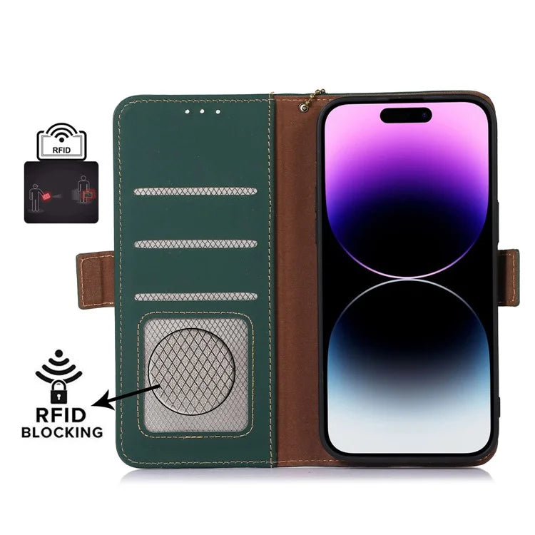 For iPhone 16 Pro Max Case RFID Blocking Genuine Cow Leather Wallet Phone Shell