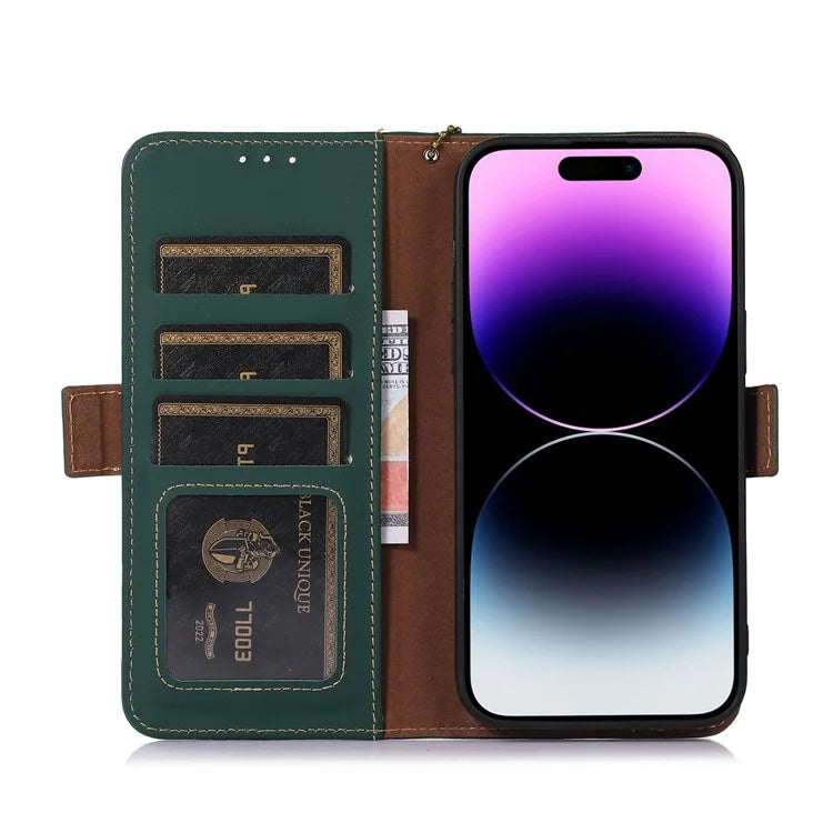 For iPhone 16 Pro Max Case RFID Blocking Genuine Cow Leather Wallet Phone Shell