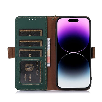 For iPhone 16 Pro Max Case RFID Blocking Genuine Cow Leather Wallet Phone Shell