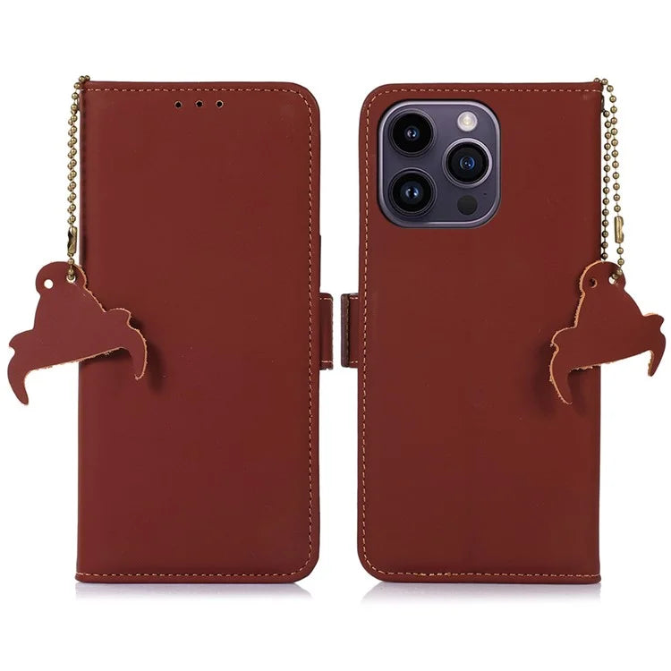 For iPhone 16 Pro Max Case RFID Blocking Genuine Cow Leather Wallet Phone Shell