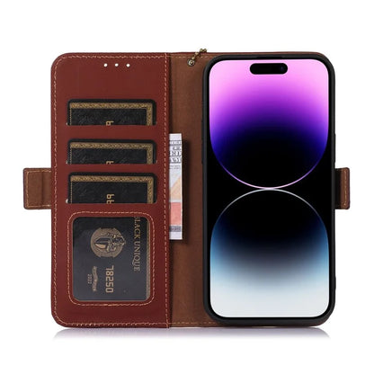 For iPhone 16 Pro Max Case RFID Blocking Genuine Cow Leather Wallet Phone Shell