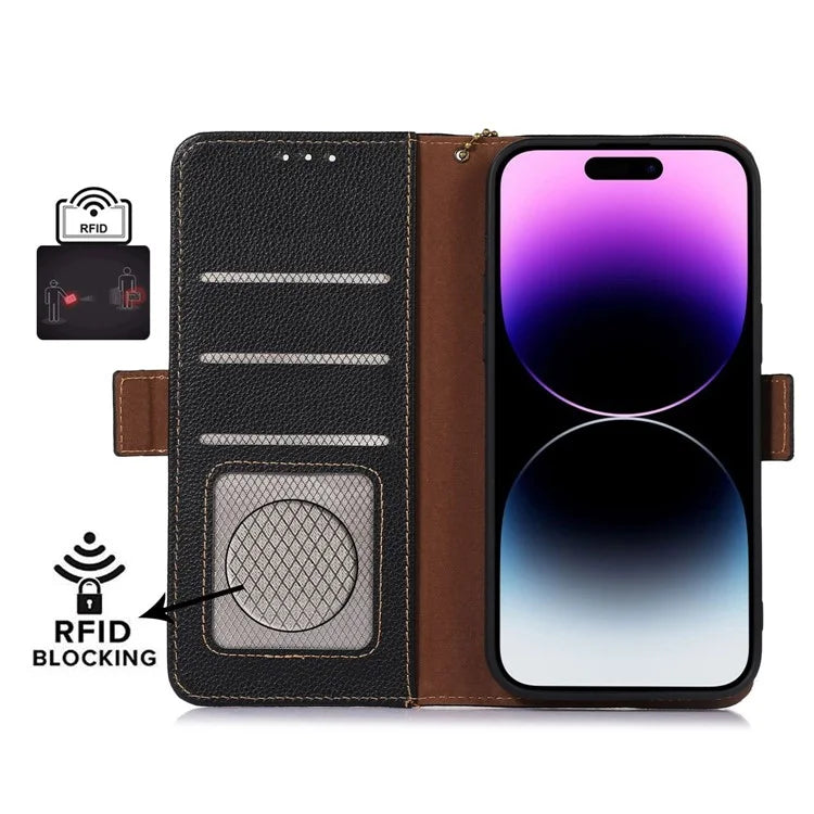 For iPhone 16 Pro Max Case RFID Blocking Genuine Cow Leather Phone Cover
