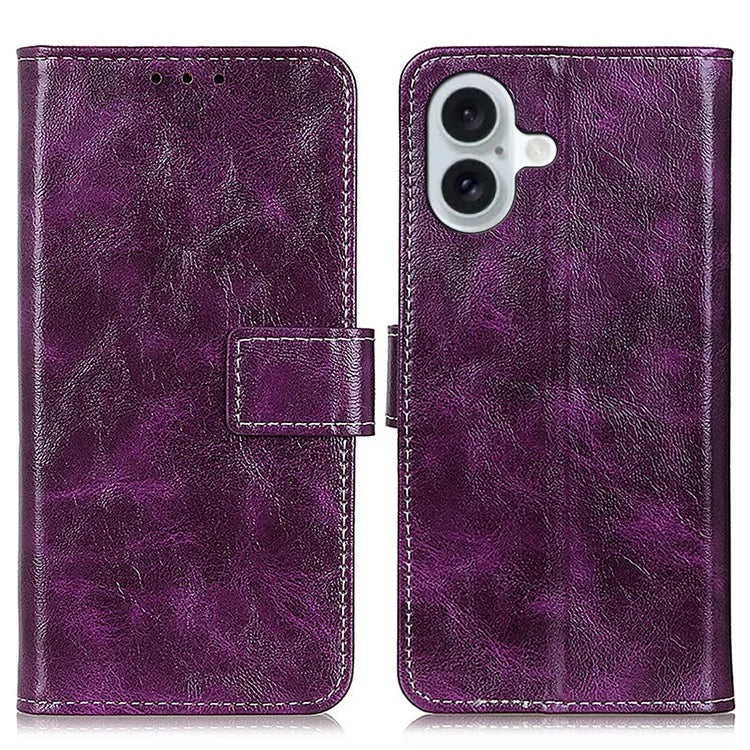 For iPhone 16 Plus Leather Case Wallet Stand Retro Crazy Horse Texture Phone Cover