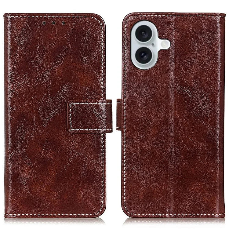 For iPhone 16 Plus Leather Case Wallet Stand Retro Crazy Horse Texture Phone Cover