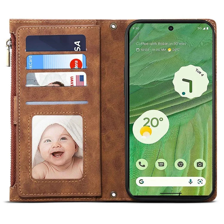 ESEBLE Star Series For Google Pixel 8a Case Zipper PU Leather Phone Cover with Card Slots Wrist Strap