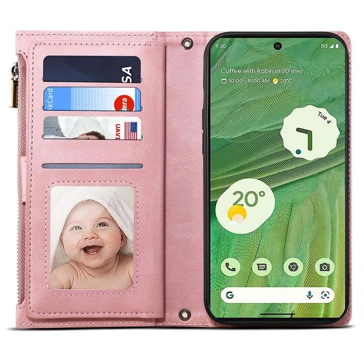 ESEBLE Star Series For Google Pixel 8a Case Zipper PU Leather Phone Cover with Card Slots Wrist Strap