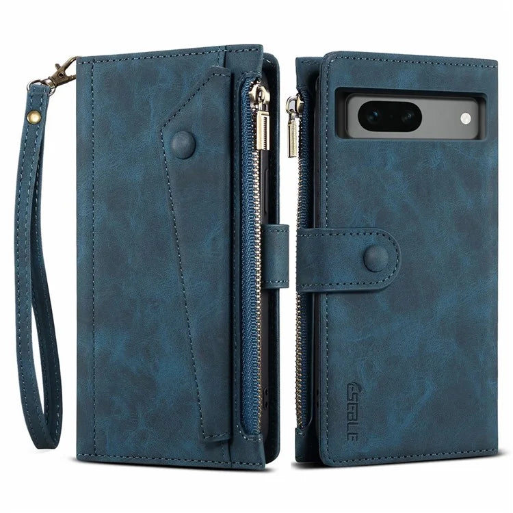 ESEBLE Star Series For Google Pixel 8a Case Zipper PU Leather Phone Cover with Card Slots Wrist Strap