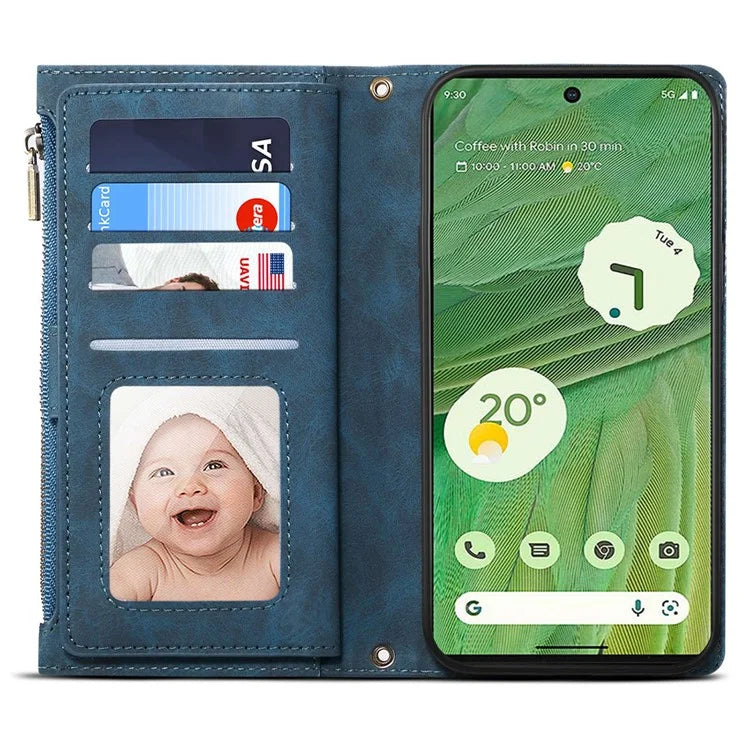 ESEBLE Star Series For Google Pixel 8a Case Zipper PU Leather Phone Cover with Card Slots Wrist Strap