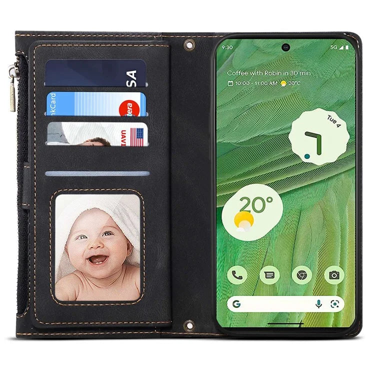 ESEBLE Star Series For Google Pixel 8a Case Zipper PU Leather Phone Cover with Card Slots Wrist Strap