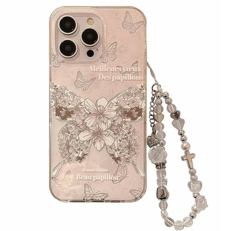 For iPhone 14 Pro Max Case IMD Butterfly Pattern TPU Phone Shell with Hand Strap
