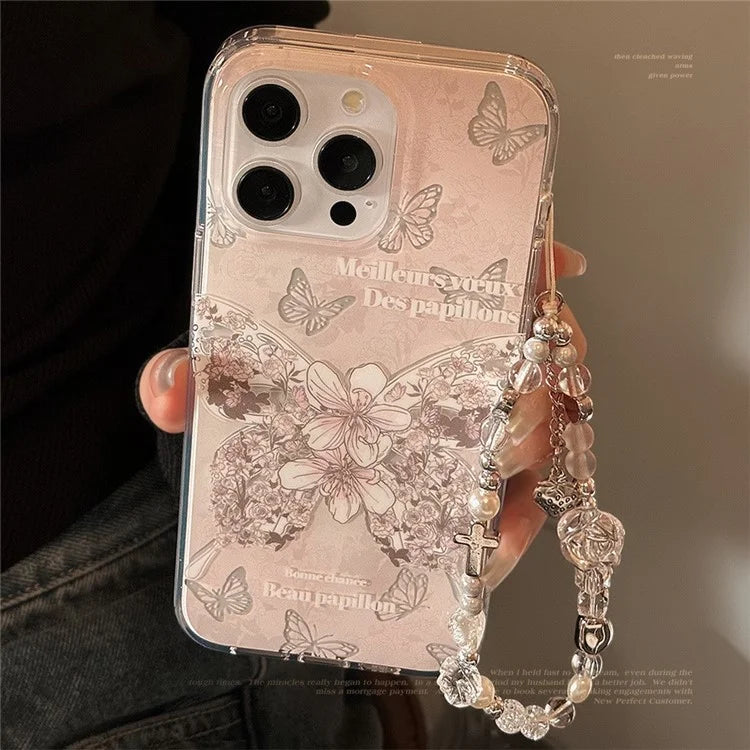 For iPhone 14 Pro Max Case IMD Butterfly Pattern TPU Phone Shell with Hand Strap